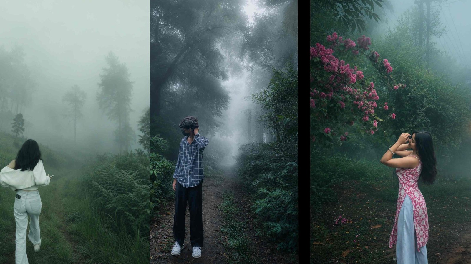 Foggy Forest Girl AI Photo Editing Prompt with cinematic mist and floral nature portrait