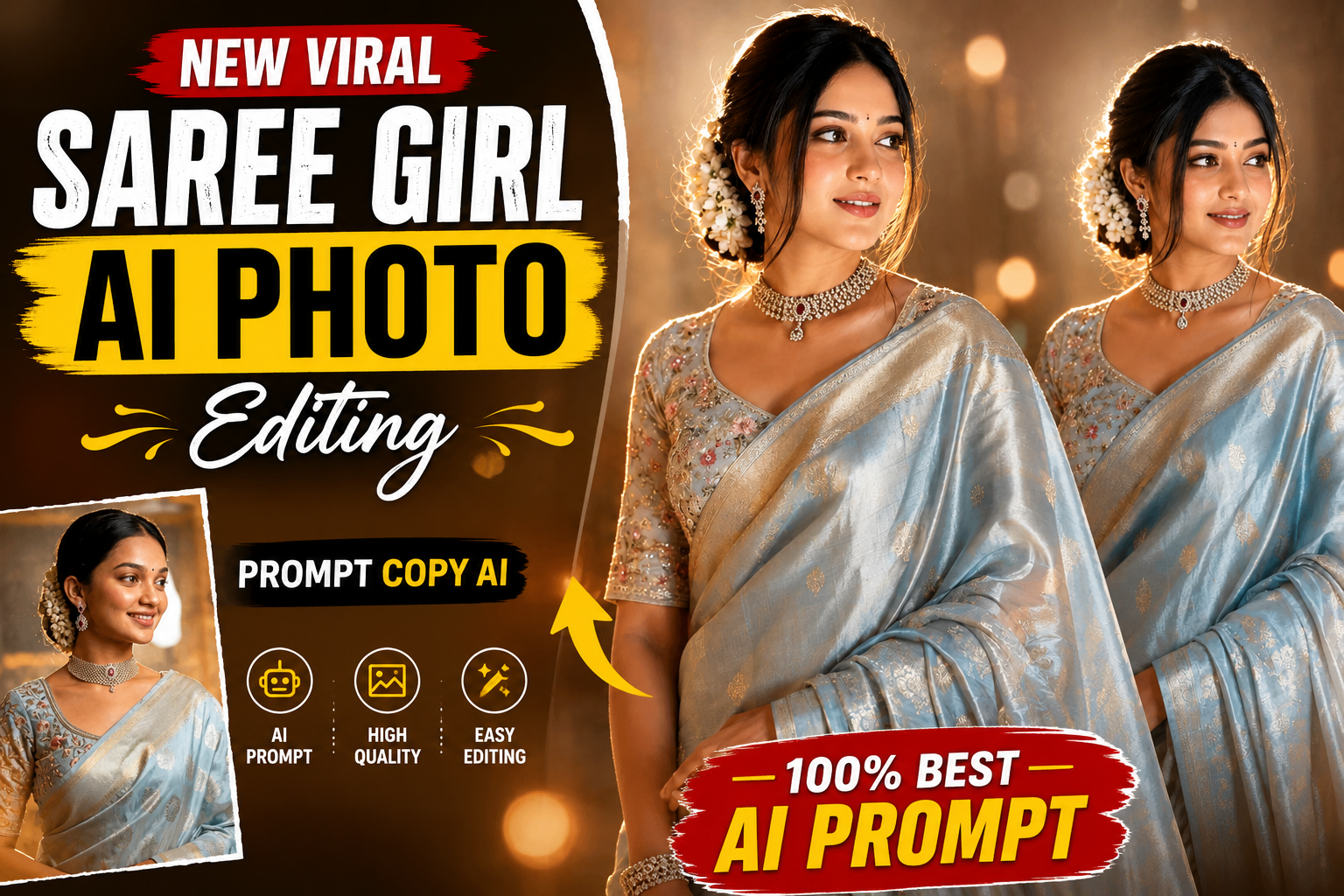Elegant Silk Saree Girl AI Photo Editing Prompt featuring cinematic festive portrait with jasmine flowers and luxury jewelry.