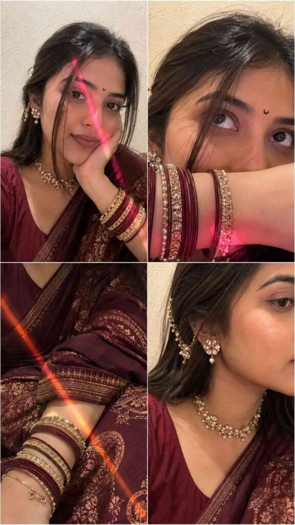 Beautiful Indian girl wearing a maroon saree with floral jewelry and bangles in an aesthetic portrait collage by Prompt Copy AI.
