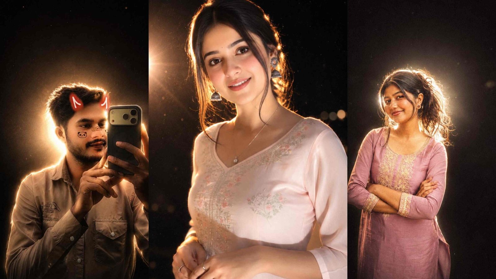Golden hour portrait AI photo editing prompt showing warm cinematic lighting on a realistic DSLR-style face