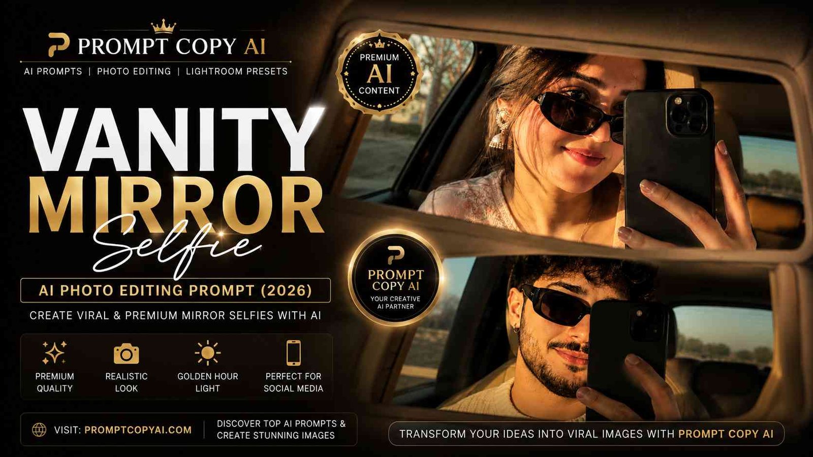 Vanity Mirror Selfie AI Photo Editing Prompt 2026 featured image by Prompt Copy AI with realistic golden hour car mirror selfies