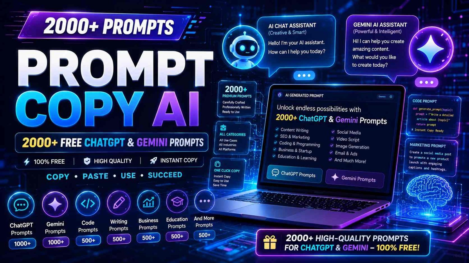Prompt Copy AI website banner featuring a futuristic AI workspace with 2000+ free ChatGPT and Gemini prompts, holographic chatbot interfaces, digital prompt cards, AI laptop, and neon blue technology background.